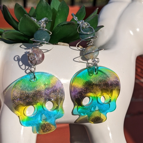 Jasper Sugar Skull Earrings Beads Colorful Cute Skulls Lever Back Artisan - Picture 5 of 8
